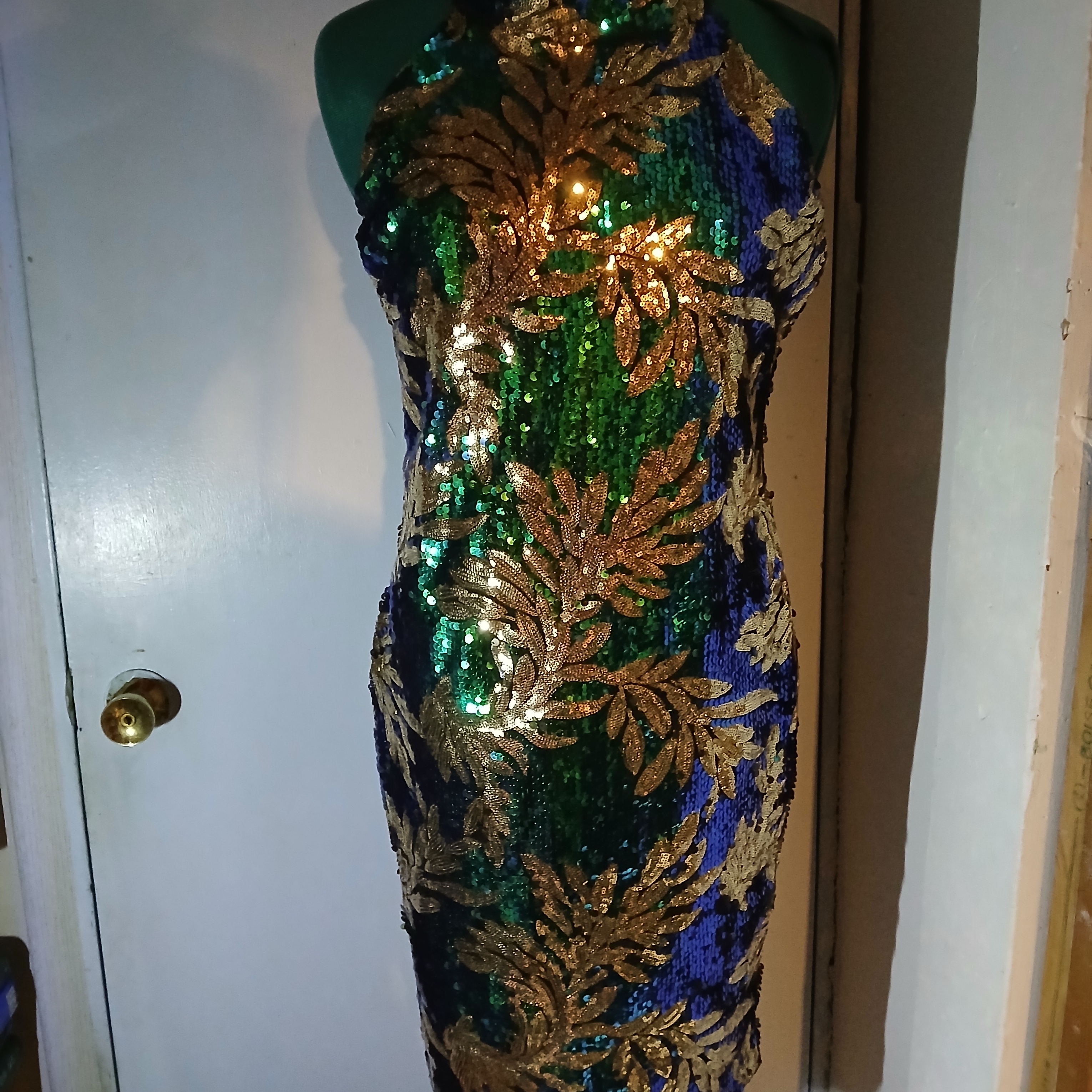 Elegant Sequin Halter Dress In Green, Blue, And Gold